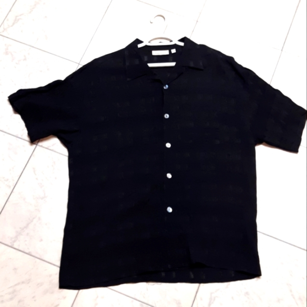 Mens Black shirt short sleeve button up casual collar top B15 sz L